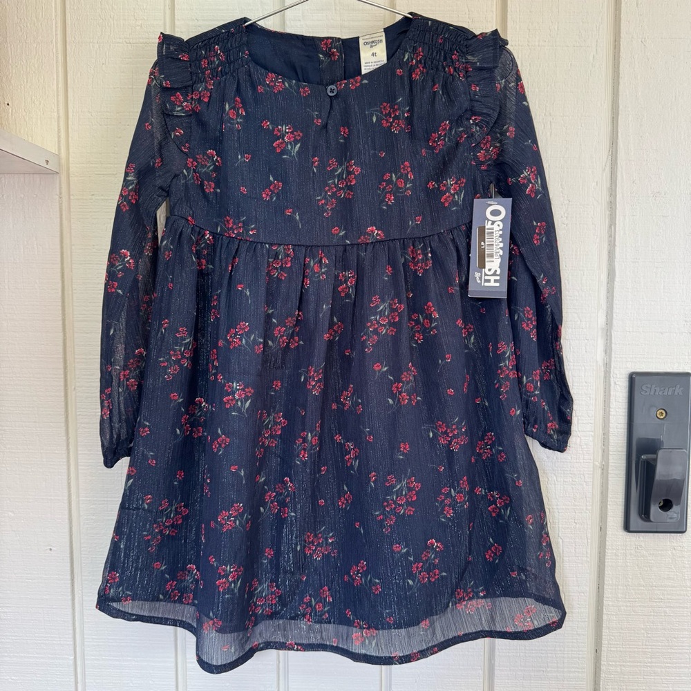 OshKosh B'gosh Navy Red Floral shimmery Dress long sleeve ruffles dressy Holiday